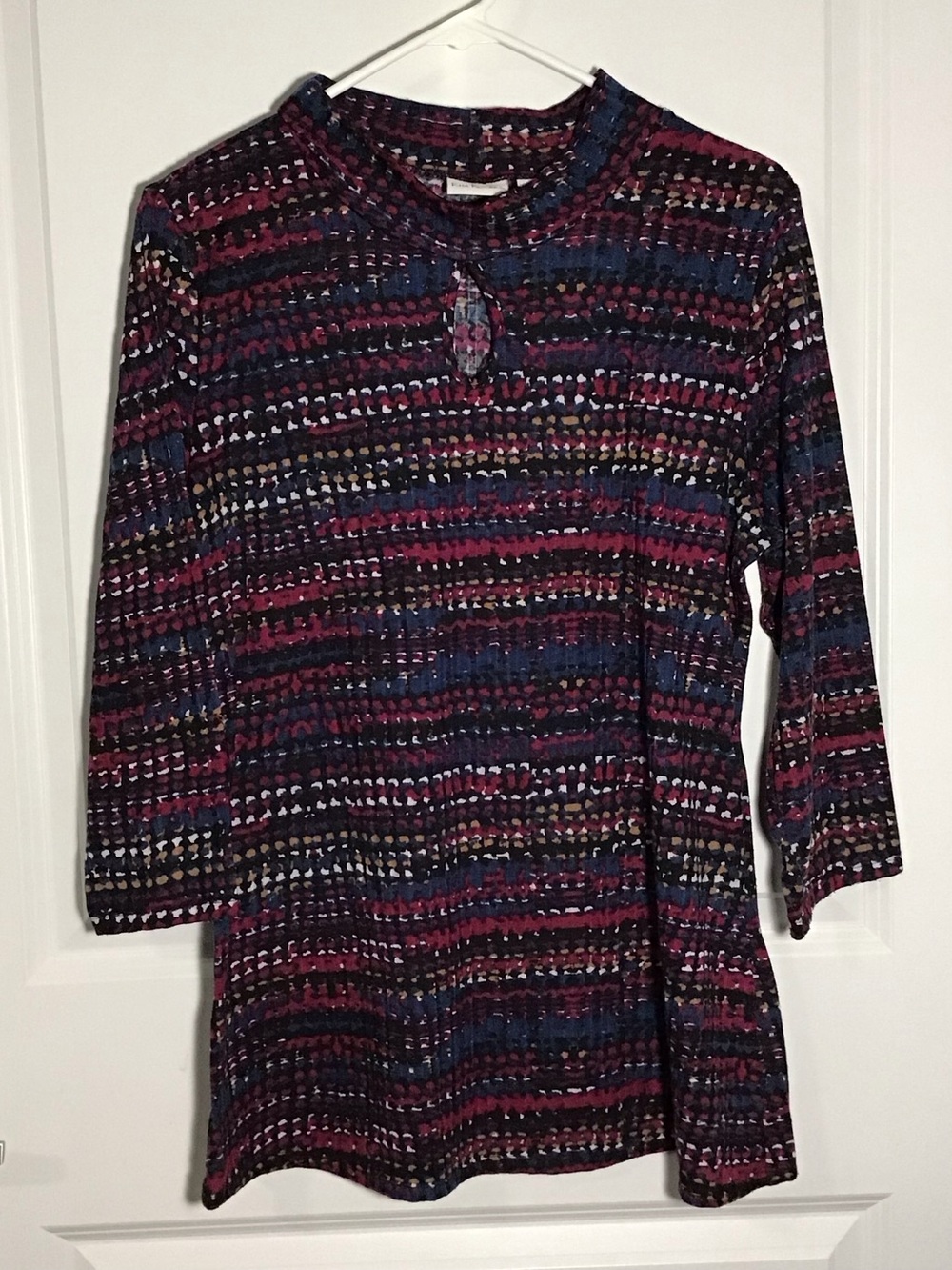 Kim Rogers Burgundy & Navy Multi-Print Long Sleeve Top With Keyhole Detail L